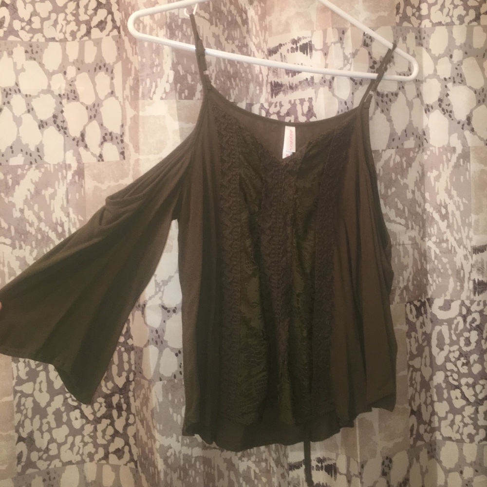 Cold shoulder olive green shirt with lace detail